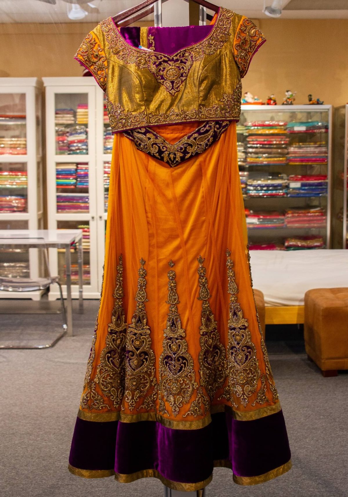 Mustard Yellow and Purple Velvet Lehenga with Dull Gold Shimmer Top - Image 1